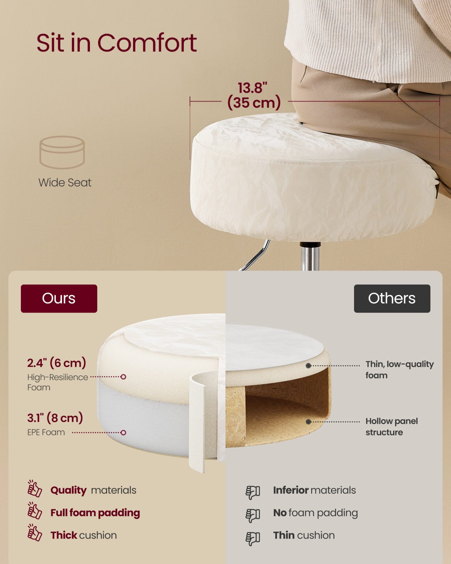 Justerbar sminkestol, makeup-stol, 360° drejelig, cremehvid 3 Justerbar sminkestol, makeup-stol, 360° drejelig, cremehvid - Billede 3