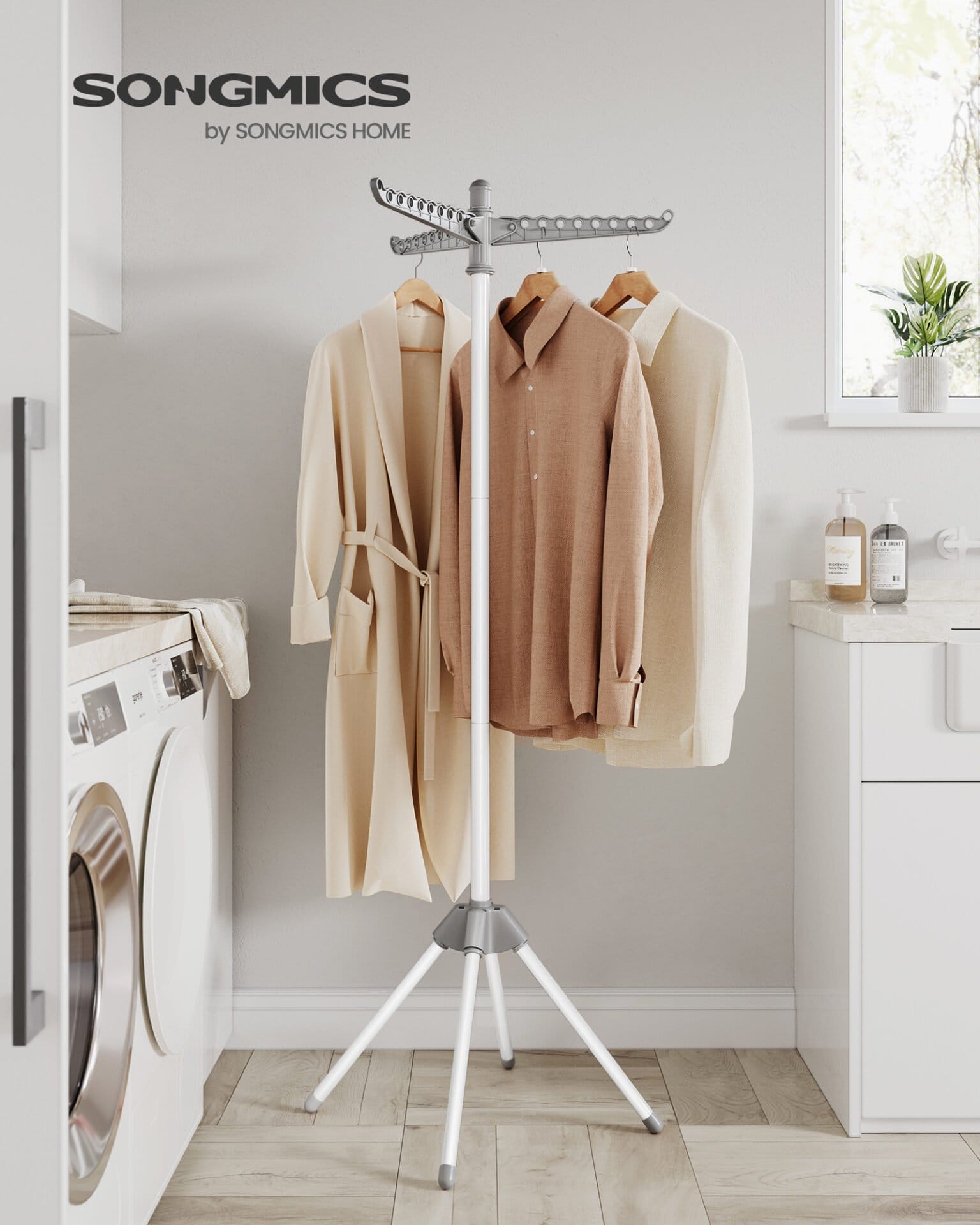 SONGMICS Clothes Airer, Clothes Drying Rack with 3 Rotatable Arms for Hangers, 4-Leg Indoor Folding Laundry Rack, Stainless Steel, for 27 Pieces of Clothes, 150 cm High, Grey and White LLR510G01 1 SONGMICS Clothes Airer, Clothes Drying Rack with 3 Rotatable Arms for Hangers, 4-Leg Indoor Folding Laundry Rack, Stainless Steel, for 27 Pieces of Clothes, 150 cm High, Grey and White LLR510G01