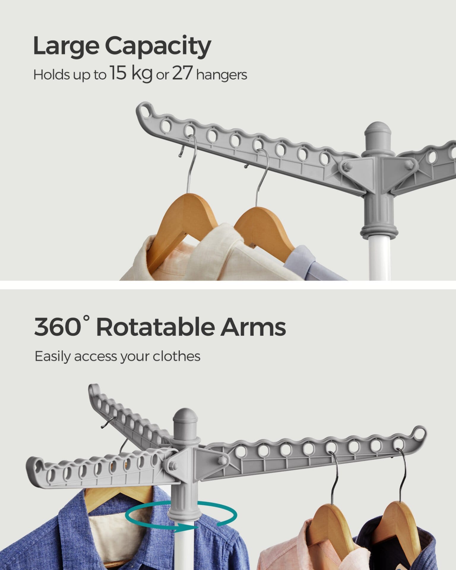 SONGMICS Clothes Airer, Clothes Drying Rack with 3 Rotatable Arms for Hangers, 4-Leg Indoor Folding Laundry Rack, Stainless Steel, for 27 Pieces of Clothes, 150 cm High, Grey and White LLR510G01 3 SONGMICS Clothes Airer, Clothes Drying Rack with 3 Rotatable Arms for Hangers, 4-Leg Indoor Folding Laundry Rack, Stainless Steel, for 27 Pieces of Clothes, 150 cm High, Grey and White LLR510G01 - Billede 3