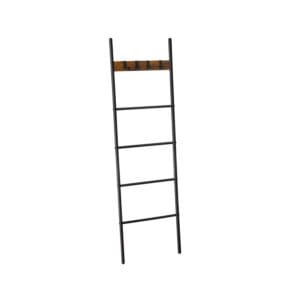 VASAGLE LLS016B01 Towel Ladder Shelf with 5 Levels 44 x 160 cm Space Saving Metal Frame 4 Hooks Industrial Style Vintage Brown/Black