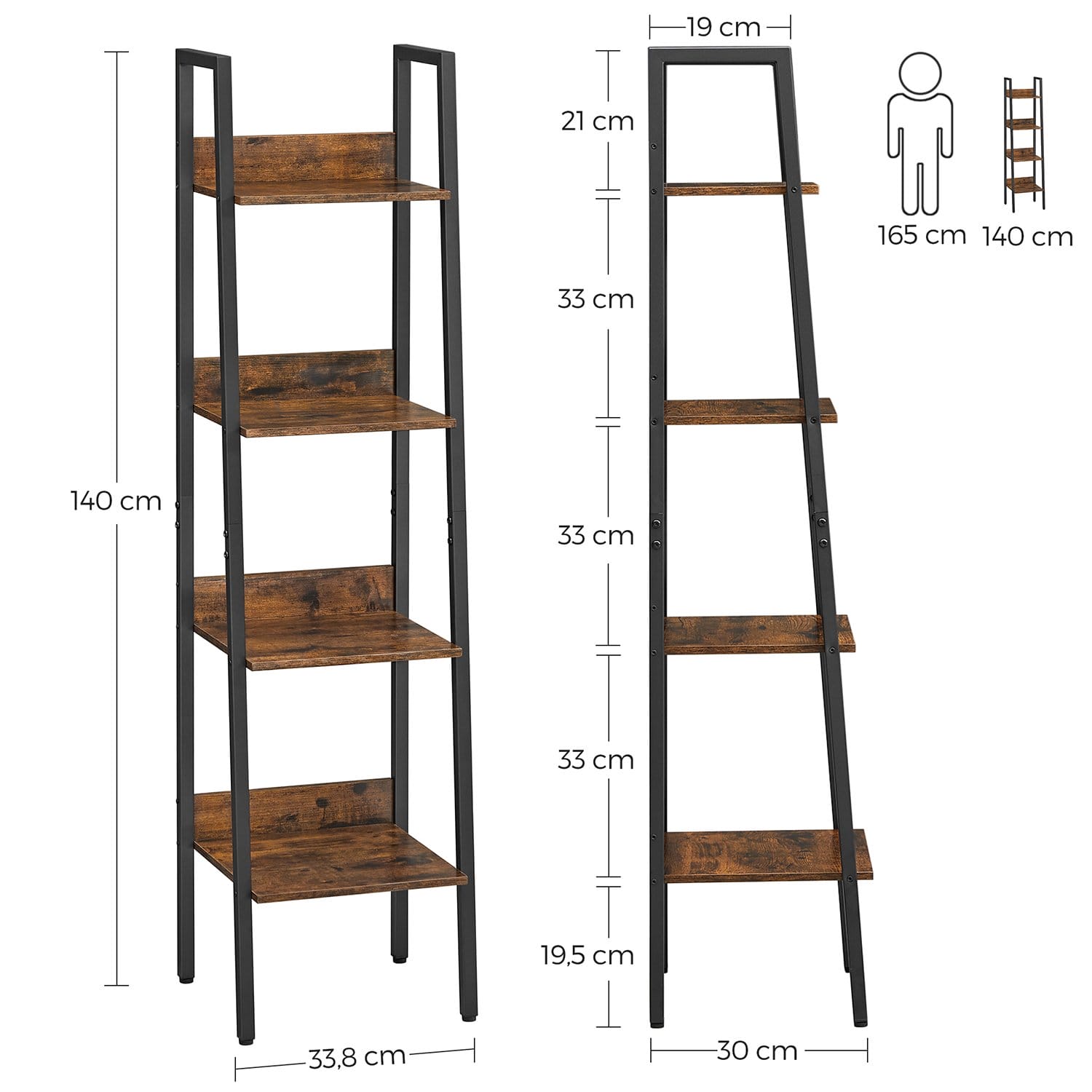 VASAGLE Ladder Shelf, 4-Tier Home Office Bookshelf, Freestanding Storage Shelves, for Living Room Bedroom Kitchen, Steel Frame, Easy to Assemble, Industrial, Rustic Brown and Black LLS108B01 7 VASAGLE Ladder Shelf, 4-Tier Home Office Bookshelf, Freestanding Storage Shelves, for Living Room Bedroom Kitchen, Steel Frame, Easy to Assemble, Industrial, Rustic Brown and Black LLS108B01 - Billede 7