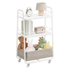 Opbevaringsvogn med stofkurv, 3-lags rullevogn på hjul, med hylder, Cloud White og Camel Brown