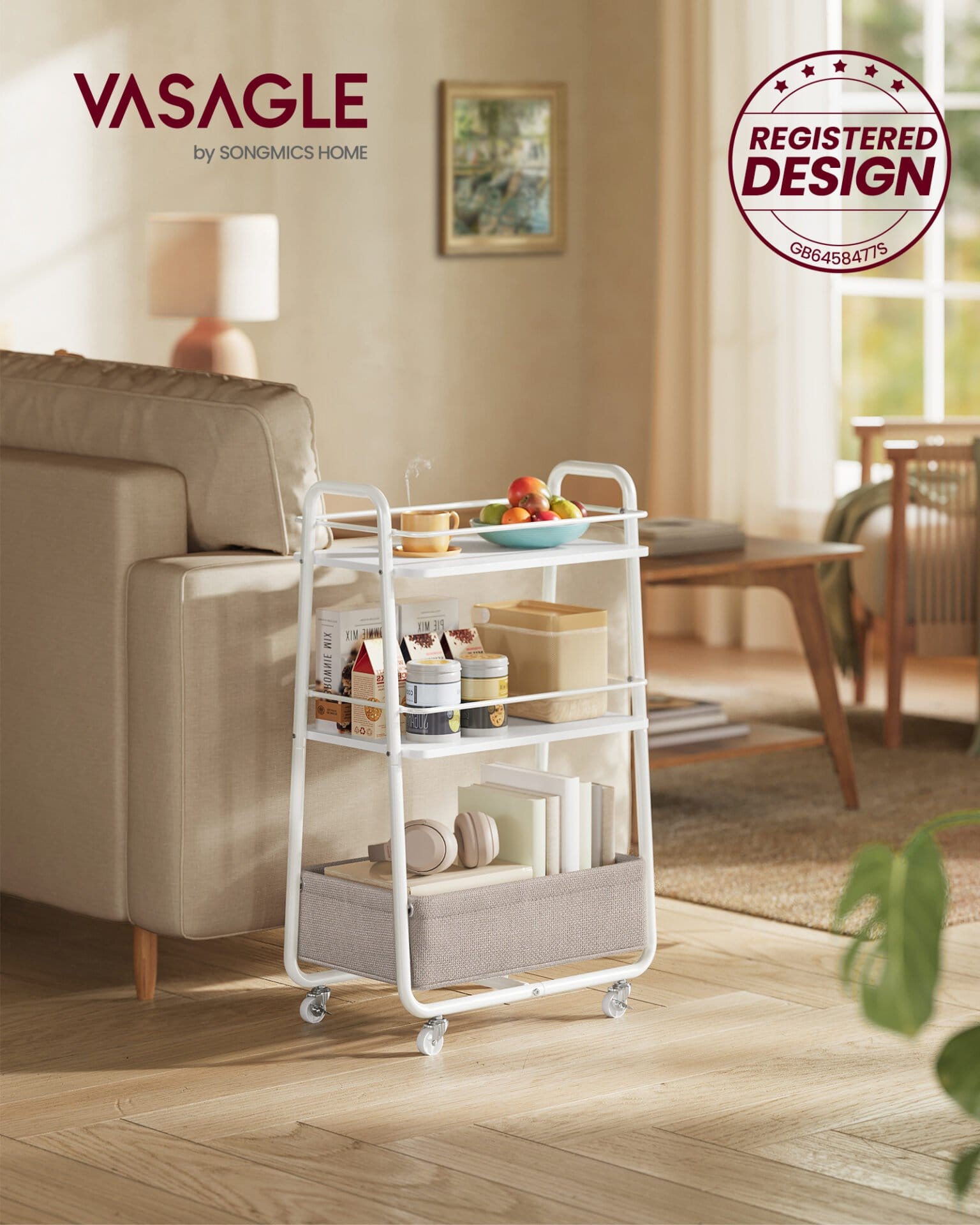 Opbevaringsvogn med stofkurv, 3-lags rullevogn på hjul, med hylder, Cloud White og Camel Brown 2 Opbevaringsvogn med stofkurv, 3-lags rullevogn på hjul, med hylder, Cloud White og Camel Brown - Billede 2