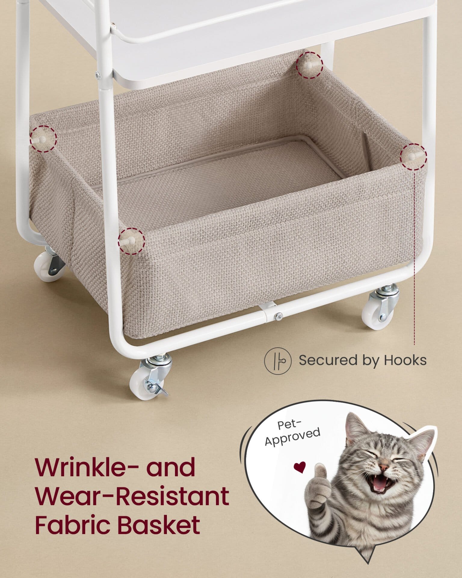Opbevaringsvogn med stofkurv, 3-lags rullevogn på hjul, med hylder, Cloud White og Camel Brown 3 Opbevaringsvogn med stofkurv, 3-lags rullevogn på hjul, med hylder, Cloud White og Camel Brown - Billede 3