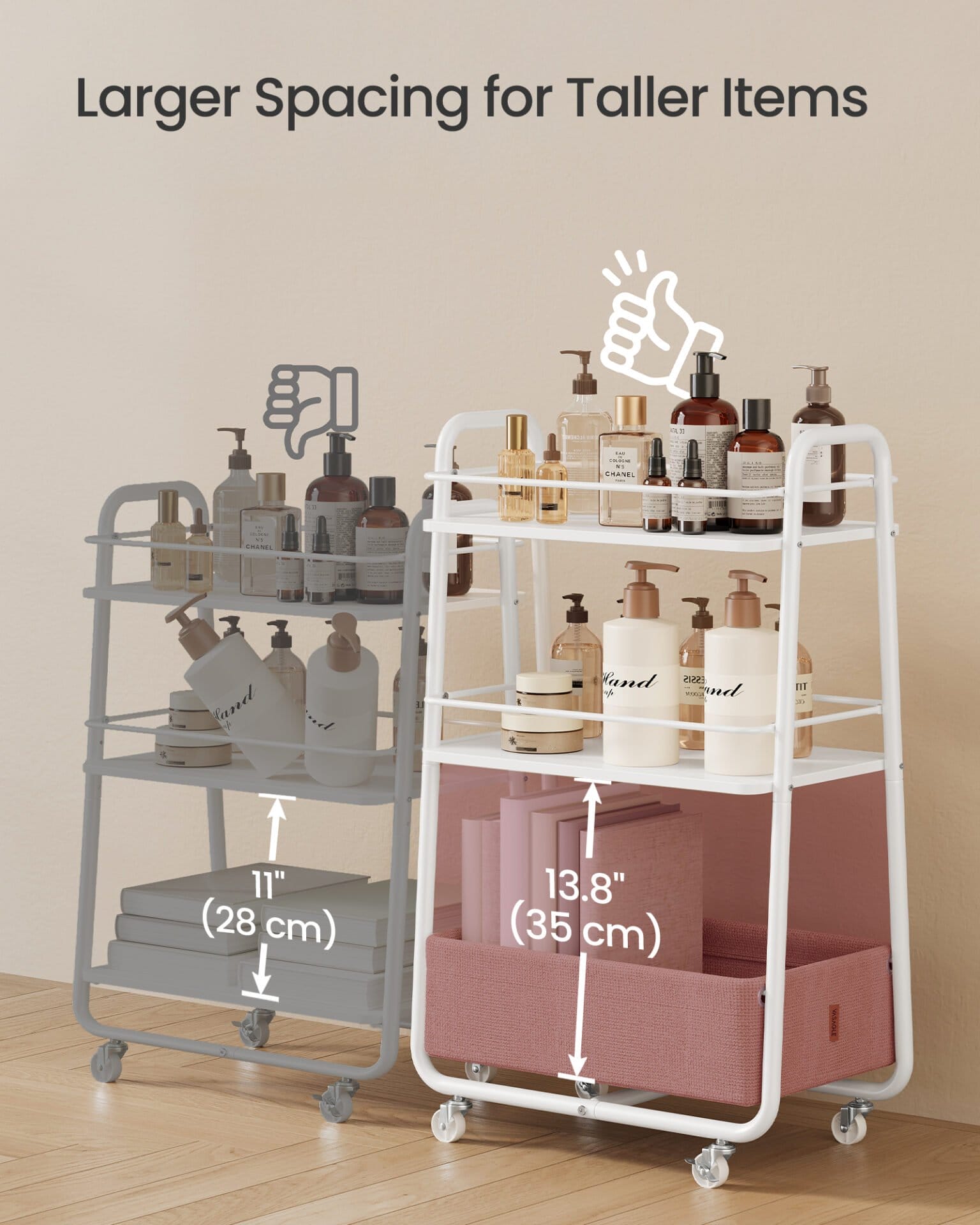 Opbevaringsvogn med stofkurv, 3-lags rullevogn på hjul, med hylder, Cloud White og Camel Brown 4 Opbevaringsvogn med stofkurv, 3-lags rullevogn på hjul, med hylder, Cloud White og Camel Brown - Billede 4