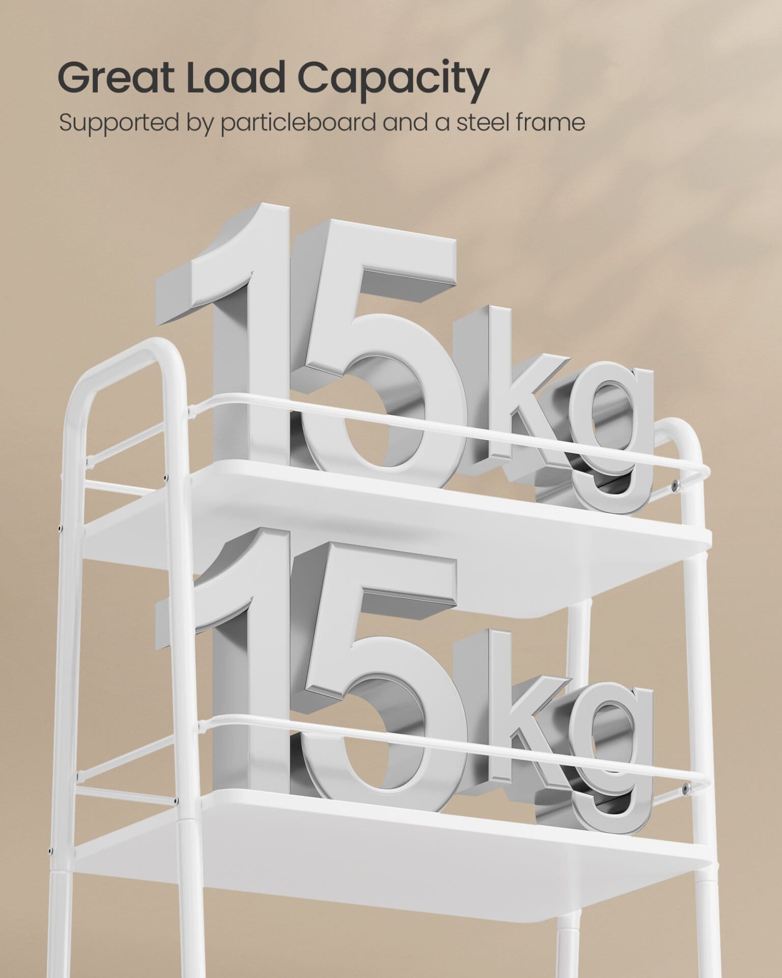 Opbevaringsvogn med stofkurv, 3-lags rullevogn på hjul, med hylder, Cloud White og Camel Brown 5 Opbevaringsvogn med stofkurv, 3-lags rullevogn på hjul, med hylder, Cloud White og Camel Brown - Billede 5