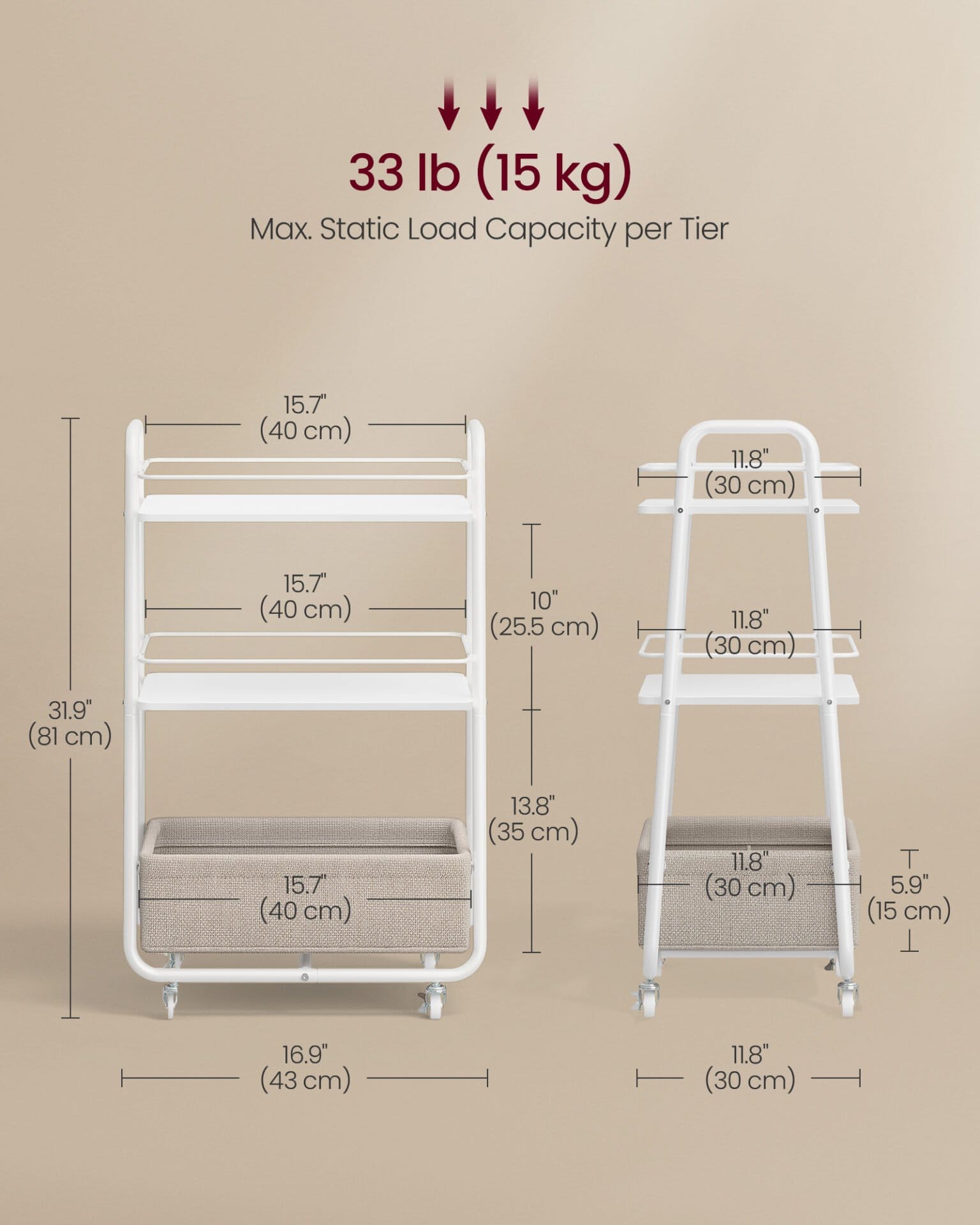 Opbevaringsvogn med stofkurv, 3-lags rullevogn på hjul, med hylder, Cloud White og Camel Brown 7 Opbevaringsvogn med stofkurv, 3-lags rullevogn på hjul, med hylder, Cloud White og Camel Brown - Billede 7