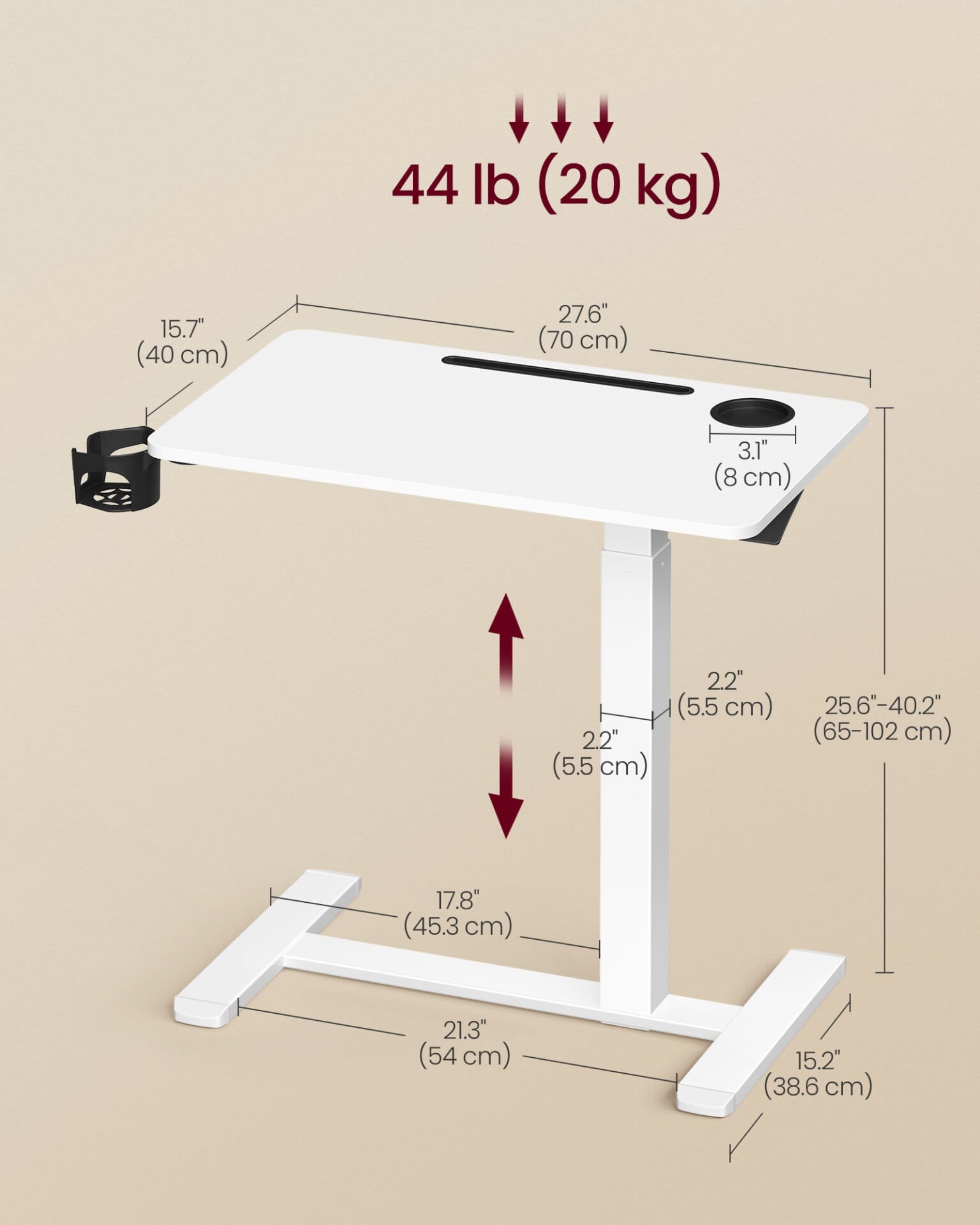 Oversengsbord med hjul, mobilt stående computerbord, 70 x 40 cm bordplade, Cloud White 6 Oversengsbord med hjul, mobilt stående computerbord, 70 x 40 cm bordplade, Cloud White - Billede 6
