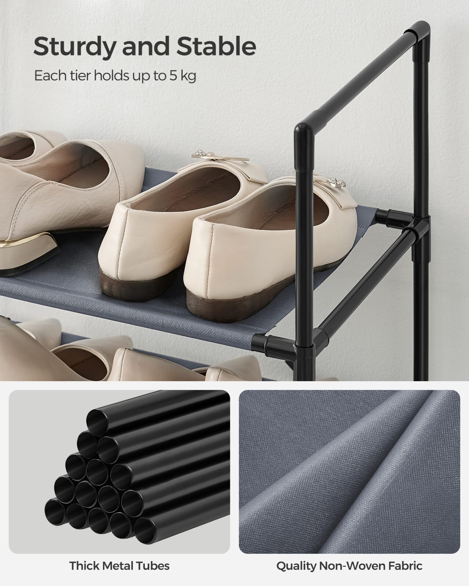 10-etagers skohylde, skostativ, 45 x 28 x 173 cm, metalramme, grå 4 10-etagers skohylde, skostativ, 45 x 28 x 173 cm, metalramme, grå - Billede 4
