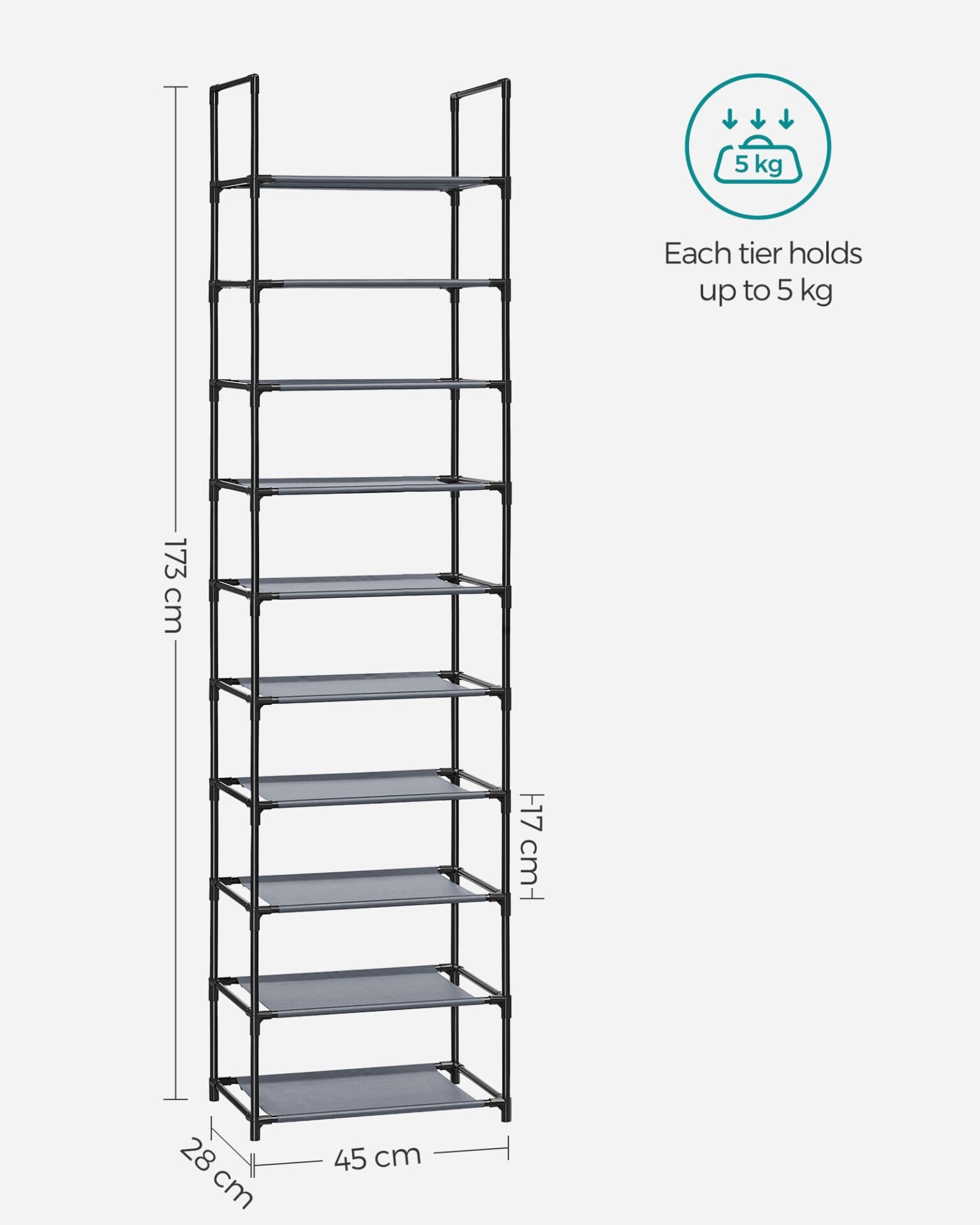 10-etagers skohylde, skostativ, 45 x 28 x 173 cm, metalramme, grå 7 10-etagers skohylde, skostativ, 45 x 28 x 173 cm, metalramme, grå - Billede 7
