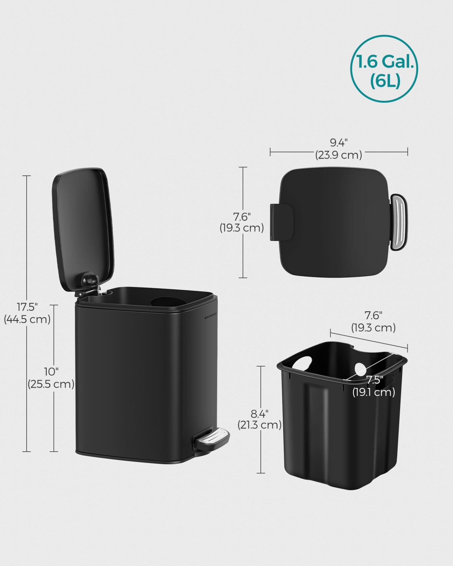 Skraldespand, Køkkenspand, Stålpedal, Med Indvendig Spand, Soft Close, 6 L, Sort 6 Skraldespand, Køkkenspand, Stålpedal, Med Indvendig Spand, Soft Close, 6 L, Sort - Billede 6