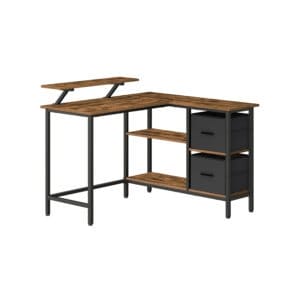 L-formet skrivebord med 2 rummelige skuffer, gamingbord med skærmstativ, rustik brun
