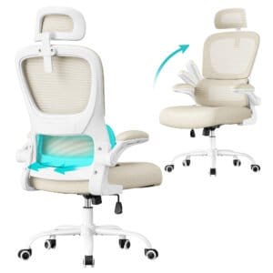 Kontorstol, Ergonomisk Mesh-stol til Skrivebord, Justerbar Nakkestøtte, Sandbeige