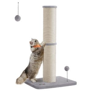 Kradsetræ til katte, 89 cm høj, sisal kradsetræ, fjederpompon, duegrå