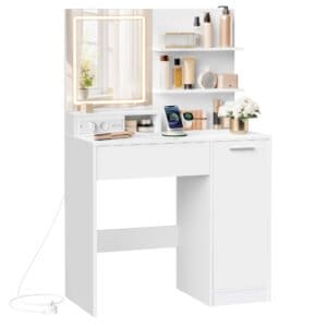 Toiletbord med LED-spejl og strømskinne, Kosmetikbord, Hvid