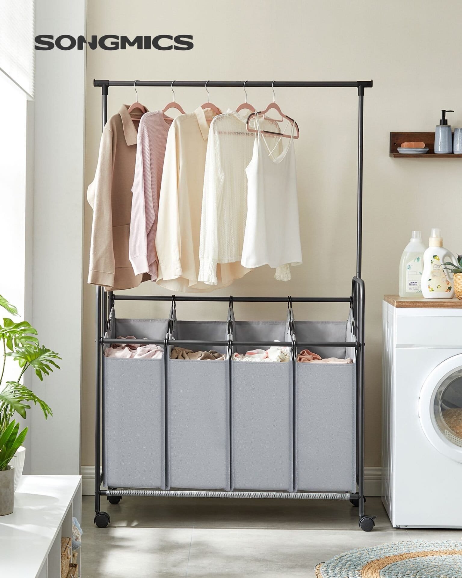 SONGMICS 4-Section Laundry Sorter, Rolling Laundry Hamper with Hanging Bar, Heavy-Duty Laundry Basket, Lockable Wheels Hampers for Laundry, 4 x 13.2 Gal., Gray RLS44GS 2 SONGMICS 4-Section Laundry Sorter, Rolling Laundry Hamper with Hanging Bar, Heavy-Duty Laundry Basket, Lockable Wheels Hampers for Laundry, 4 x 13.2 Gal., Gray RLS44GS - Billede 2