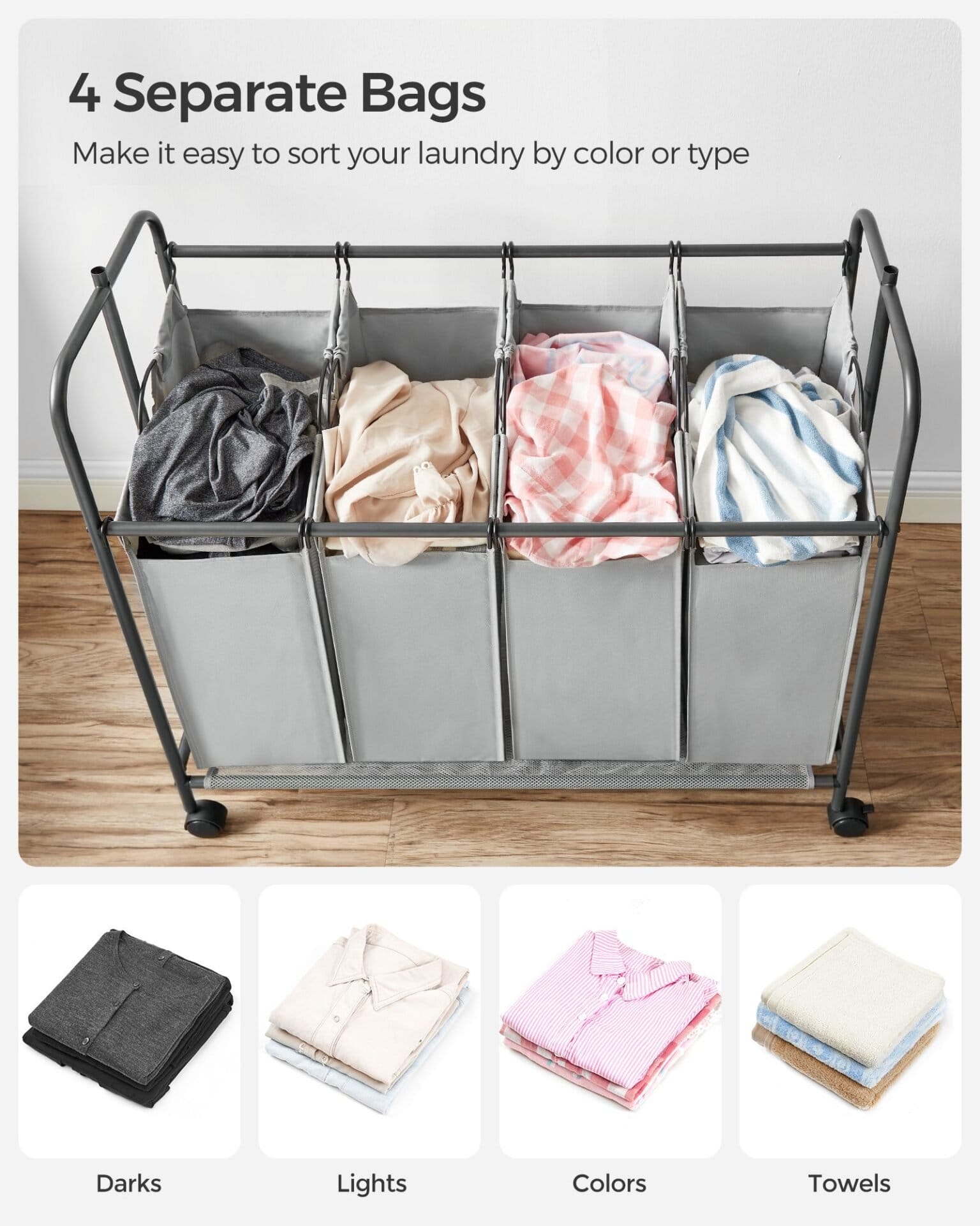 SONGMICS 4-Section Laundry Sorter, Rolling Laundry Hamper with Hanging Bar, Heavy-Duty Laundry Basket, Lockable Wheels Hampers for Laundry, 4 x 13.2 Gal., Gray RLS44GS 4 SONGMICS 4-Section Laundry Sorter, Rolling Laundry Hamper with Hanging Bar, Heavy-Duty Laundry Basket, Lockable Wheels Hampers for Laundry, 4 x 13.2 Gal., Gray RLS44GS - Billede 4