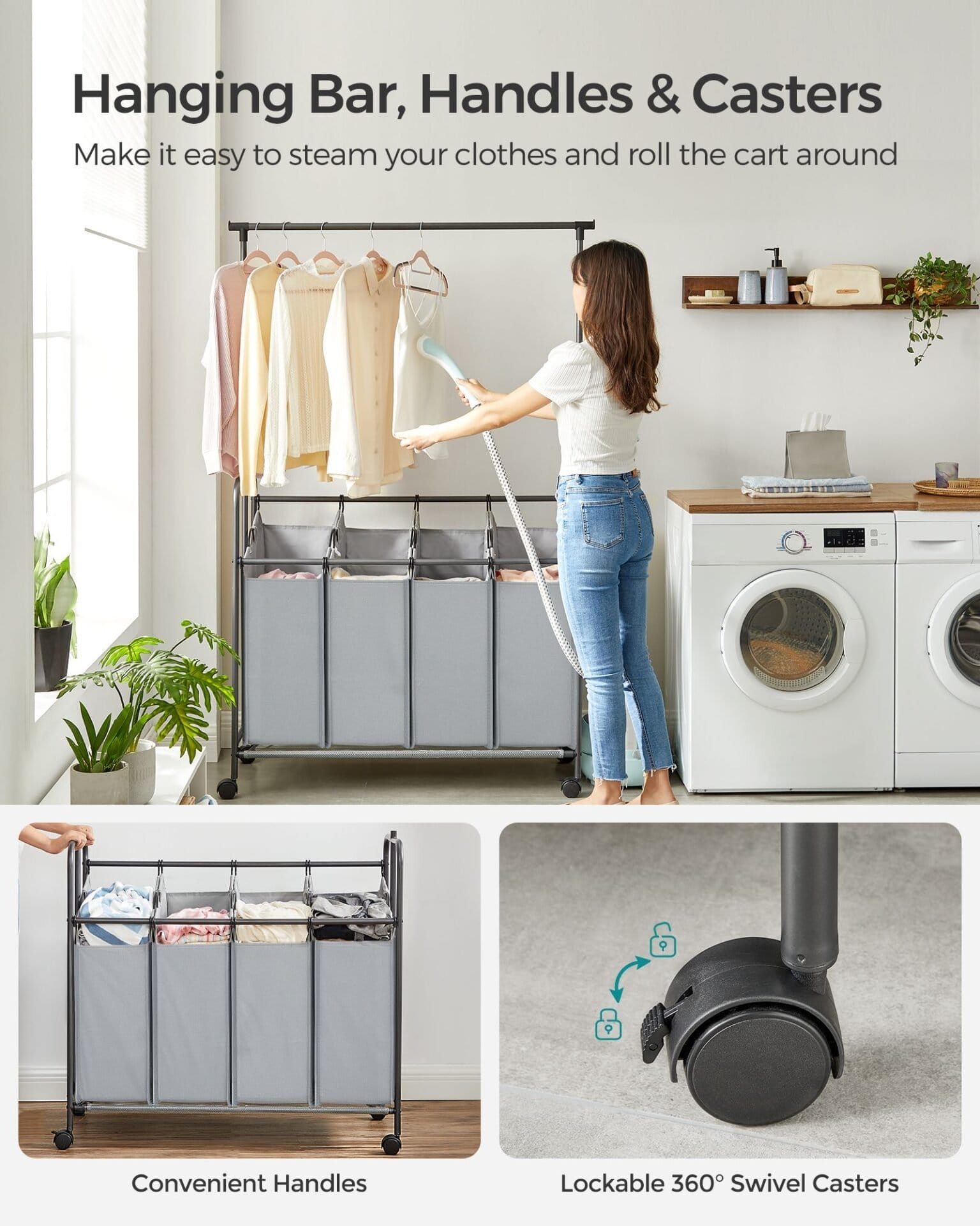 SONGMICS 4-Section Laundry Sorter, Rolling Laundry Hamper with Hanging Bar, Heavy-Duty Laundry Basket, Lockable Wheels Hampers for Laundry, 4 x 13.2 Gal., Gray RLS44GS 5 SONGMICS 4-Section Laundry Sorter, Rolling Laundry Hamper with Hanging Bar, Heavy-Duty Laundry Basket, Lockable Wheels Hampers for Laundry, 4 x 13.2 Gal., Gray RLS44GS - Billede 5