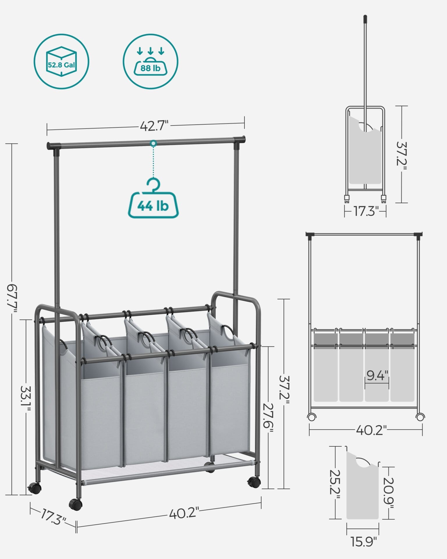 SONGMICS 4-Section Laundry Sorter, Rolling Laundry Hamper with Hanging Bar, Heavy-Duty Laundry Basket, Lockable Wheels Hampers for Laundry, 4 x 13.2 Gal., Gray RLS44GS 6 SONGMICS 4-Section Laundry Sorter, Rolling Laundry Hamper with Hanging Bar, Heavy-Duty Laundry Basket, Lockable Wheels Hampers for Laundry, 4 x 13.2 Gal., Gray RLS44GS - Billede 6