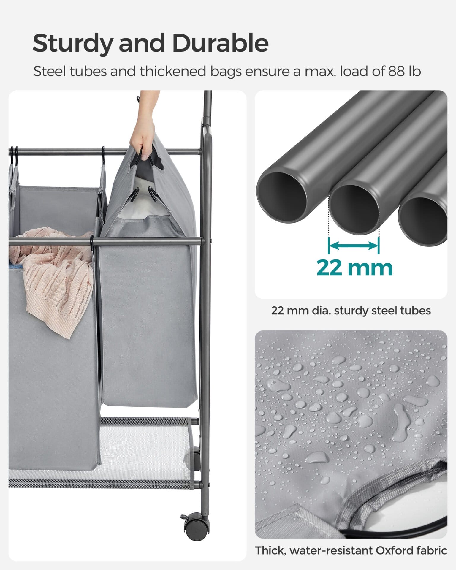 SONGMICS 4-Section Laundry Sorter, Rolling Laundry Hamper with Hanging Bar, Heavy-Duty Laundry Basket, Lockable Wheels Hampers for Laundry, 4 x 13.2 Gal., Gray RLS44GS 7 SONGMICS 4-Section Laundry Sorter, Rolling Laundry Hamper with Hanging Bar, Heavy-Duty Laundry Basket, Lockable Wheels Hampers for Laundry, 4 x 13.2 Gal., Gray RLS44GS - Billede 7