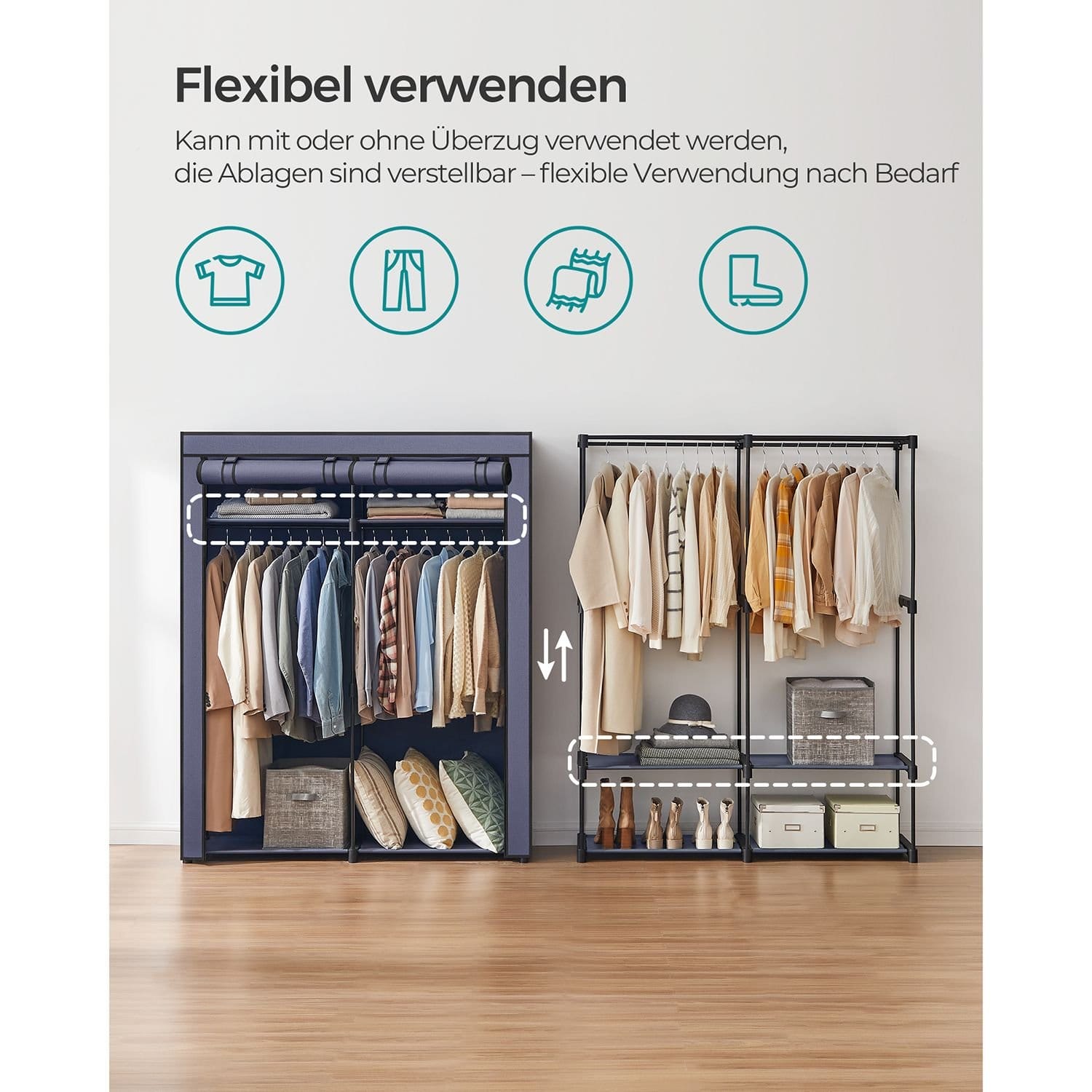 SONGMICS Bedroom Wardrobe, Wardrobe with 2 Clothes Rails, Clothes Rack, Fabric Cover, Coat Rack, Foldable, for Dressing Room, Bedroom, 43 x 140 x 174 cm, Dark Blue RYG002I02 3 SONGMICS Bedroom Wardrobe, Wardrobe with 2 Clothes Rails, Clothes Rack, Fabric Cover, Coat Rack, Foldable, for Dressing Room, Bedroom, 43 x 140 x 174 cm, Dark Blue RYG002I02 - Billede 3