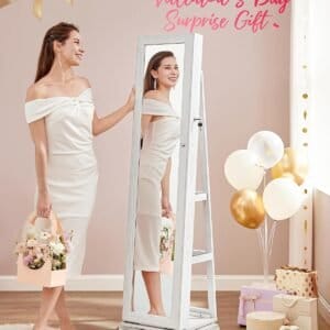 SONGMICS 360° Swivel Jewelry Cabinet, High Full Length Mirror, Lockable Jewelry Armoire, with Built-in Small Mirror, Rear Storage Shelves, White JJC62WT
