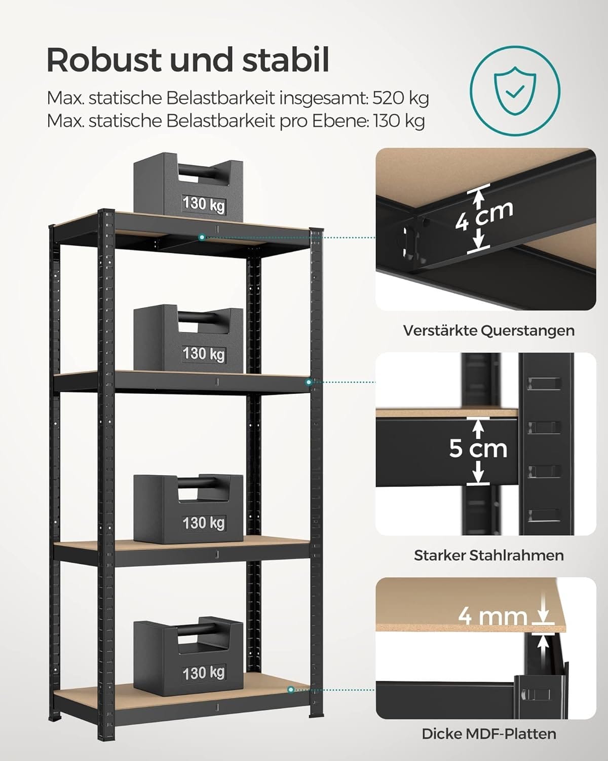 Robust reol, sæt med 2, kælderreol, 40 x 80 x 160 cm, sort 4 Robust reol, sæt med 2, kælderreol, 40 x 80 x 160 cm, sort - Billede 4