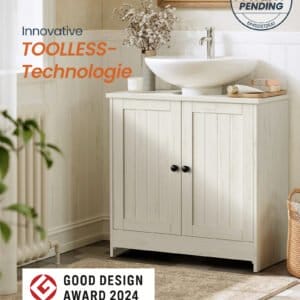 SONGMICS HOME Bathroom Under Sink Cabinet, Superfast Toolless Assembly, Floor Standing Storage Cupboard Basin Unit, Adjustable Shelf, for Washbasins with/without Pedestal, Rustic White BBC223WJ01