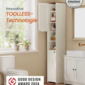 SONGMICS HOME BBC667WJ01 Bathroom Cabinet, Toolless Technology, Super Fast Tool-Free Assembly, Narrow Bathroom Cabinet, Adjustable Shelves, Living Room, Hallway, 30 x 30 x 170 cm, Vintage White