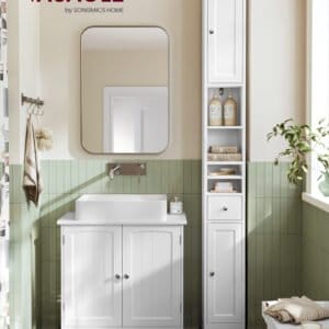 VASAGLE Tall Bathroom Cabinet, Slim Bathroom Storage Cabinet, Freestanding Narrow Storage Unit with Adjustable Shelves, Drawer, Open Compartments, for Small Spaces, Modern, Cloud White BBC765W01