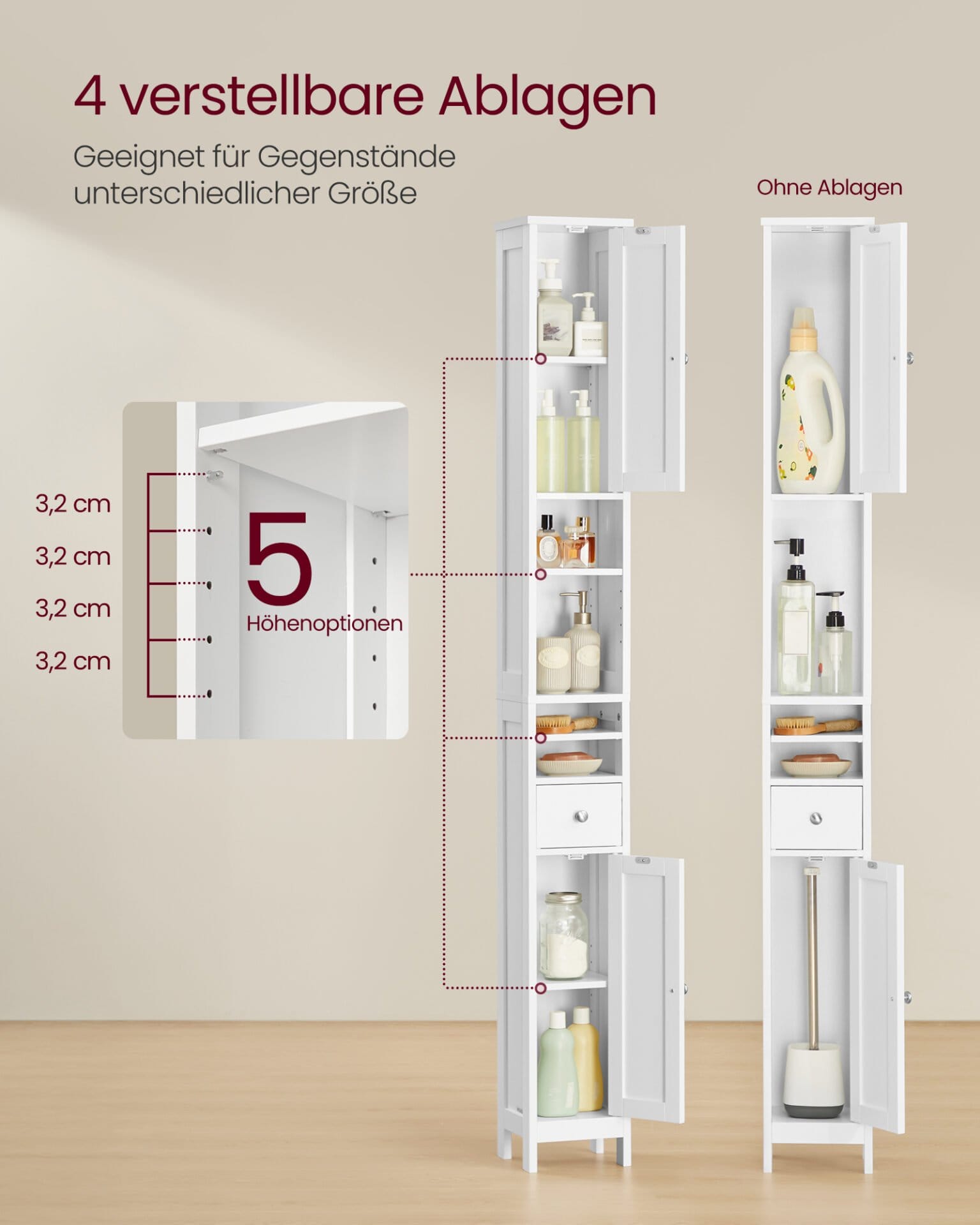 VASAGLE Tall Bathroom Cabinet, Slim Bathroom Storage Cabinet, Freestanding Narrow Storage Unit with Adjustable Shelves, Drawer, Open Compartments, for Small Spaces, Modern, Cloud White BBC765W01 3 VASAGLE Tall Bathroom Cabinet, Slim Bathroom Storage Cabinet, Freestanding Narrow Storage Unit with Adjustable Shelves, Drawer, Open Compartments, for Small Spaces, Modern, Cloud White BBC765W01 - Billede 3
