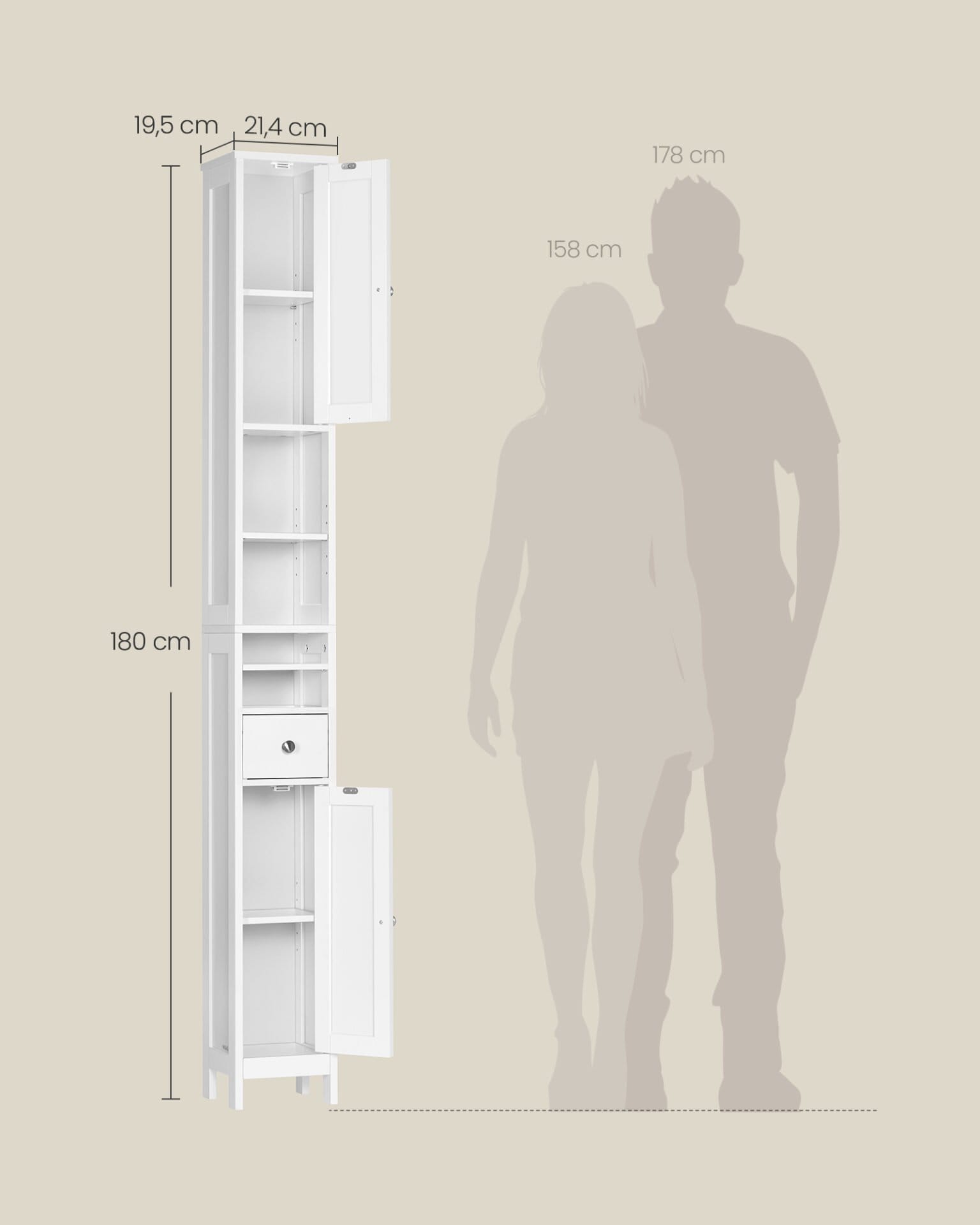 VASAGLE Tall Bathroom Cabinet, Slim Bathroom Storage Cabinet, Freestanding Narrow Storage Unit with Adjustable Shelves, Drawer, Open Compartments, for Small Spaces, Modern, Cloud White BBC765W01 5 VASAGLE Tall Bathroom Cabinet, Slim Bathroom Storage Cabinet, Freestanding Narrow Storage Unit with Adjustable Shelves, Drawer, Open Compartments, for Small Spaces, Modern, Cloud White BBC765W01 - Billede 5
