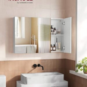 VASAGLE Mirror Cabinet Bathroom Cabinet Storage Cabinet with 3 Doors Bathroom 15 x 90 x 60 cm with Adjustable Shelves Modern White BBK032W01