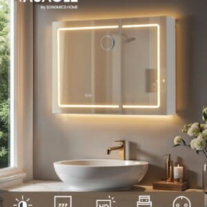 VASAGLE BBK134W01 Bathroom Mirror Cabinet with Lighting, Wall Cabinet, Power Strip, De-fogging Function, 10x Magnifying Mirrors, Modern, 16.5 x 80 x 60 cm, White