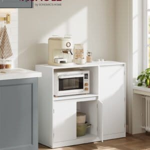 VASAGLE Custos Collection BBK373WB01 Kitchen Cabinet Storage Cabinet Sideboard with Worktop Microwave Shelf with 1 Open Compartment 3 Doors Adjustable Shelves Cloud White