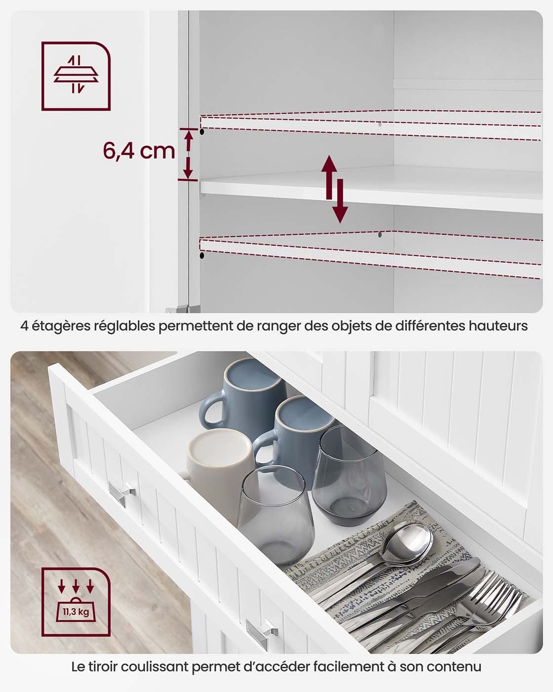 Højt køkkenskab, 40 x 76 x 182,1 cm, fritstående opbevaringsskab, hvid 4 Højt køkkenskab, 40 x 76 x 182,1 cm, fritstående opbevaringsskab, hvid - Billede 4