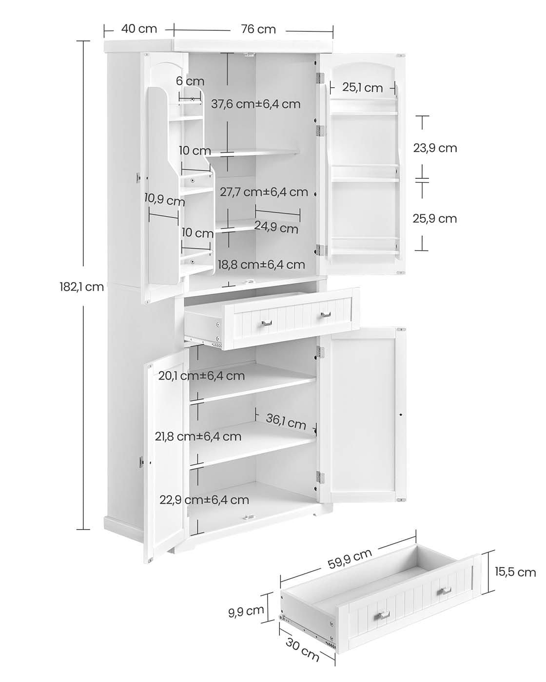 Højt køkkenskab, 40 x 76 x 182,1 cm, fritstående opbevaringsskab, hvid 5 Højt køkkenskab, 40 x 76 x 182,1 cm, fritstående opbevaringsskab, hvid - Billede 5