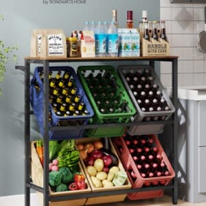 SONGMICS Beverage Crate Rack 2 Tier 6 Crate Storage Rack Each Tier 150kg Steel Drinks Rack Kitchen Living Room Garage Vintage Brown Ink Black BSC363K01