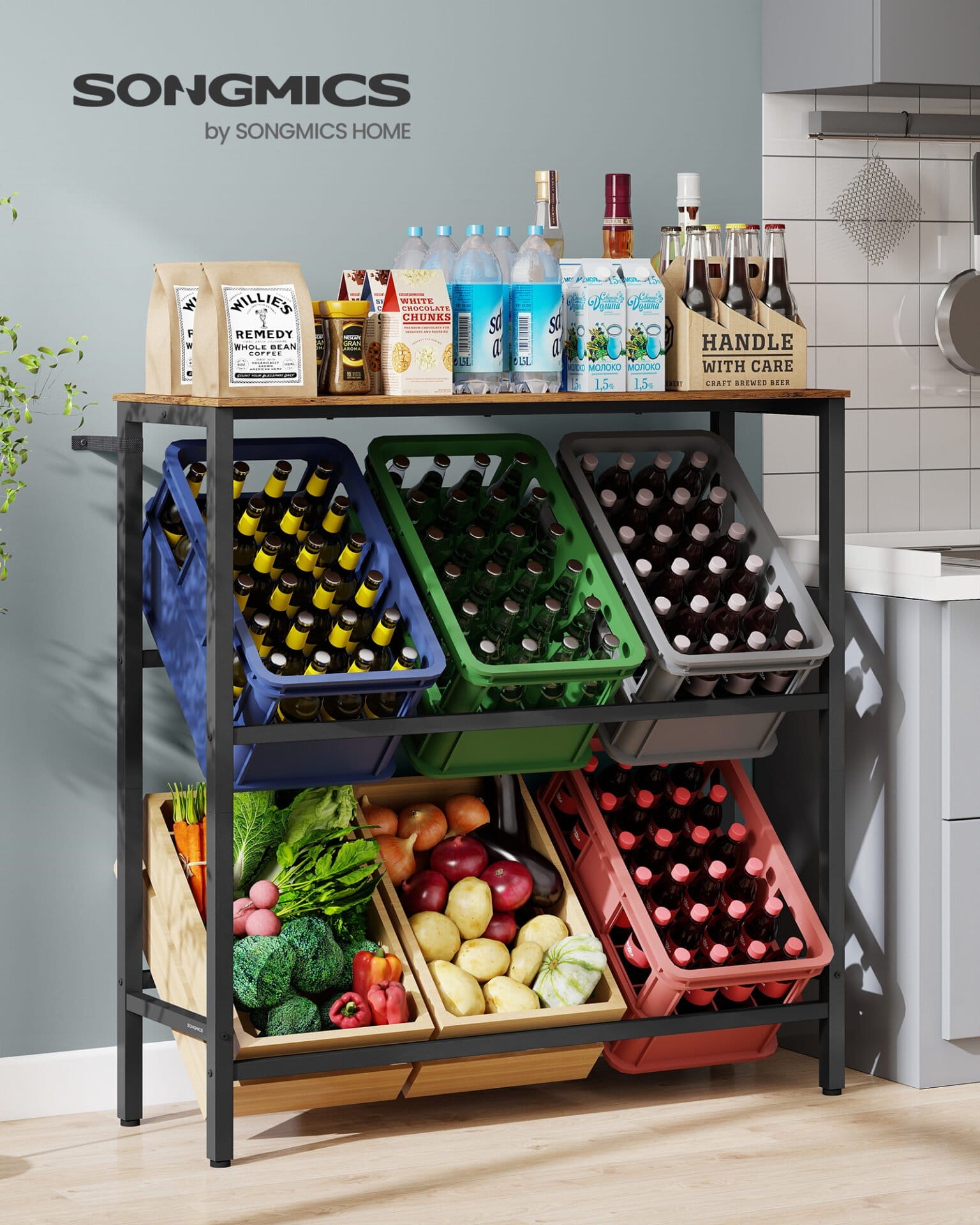 SONGMICS Beverage Crate Rack 2 Tier 6 Crate Storage Rack Each Tier 150kg Steel Drinks Rack Kitchen Living Room Garage Vintage Brown Ink Black BSC363K01 1 SONGMICS Beverage Crate Rack 2 Tier 6 Crate Storage Rack Each Tier 150kg Steel Drinks Rack Kitchen Living Room Garage Vintage Brown Ink Black BSC363K01