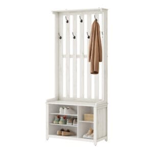 VASAGLE Hall Tree with Bench and Shoe Storage, Coat Rack with Shoe Bench, 7 Double Hooks for Jackets, Hats, Entryway, Bedroom, Living Room, 13.8 x 31.9 x 70.9 Inches, Rustic White HSR414WJ02