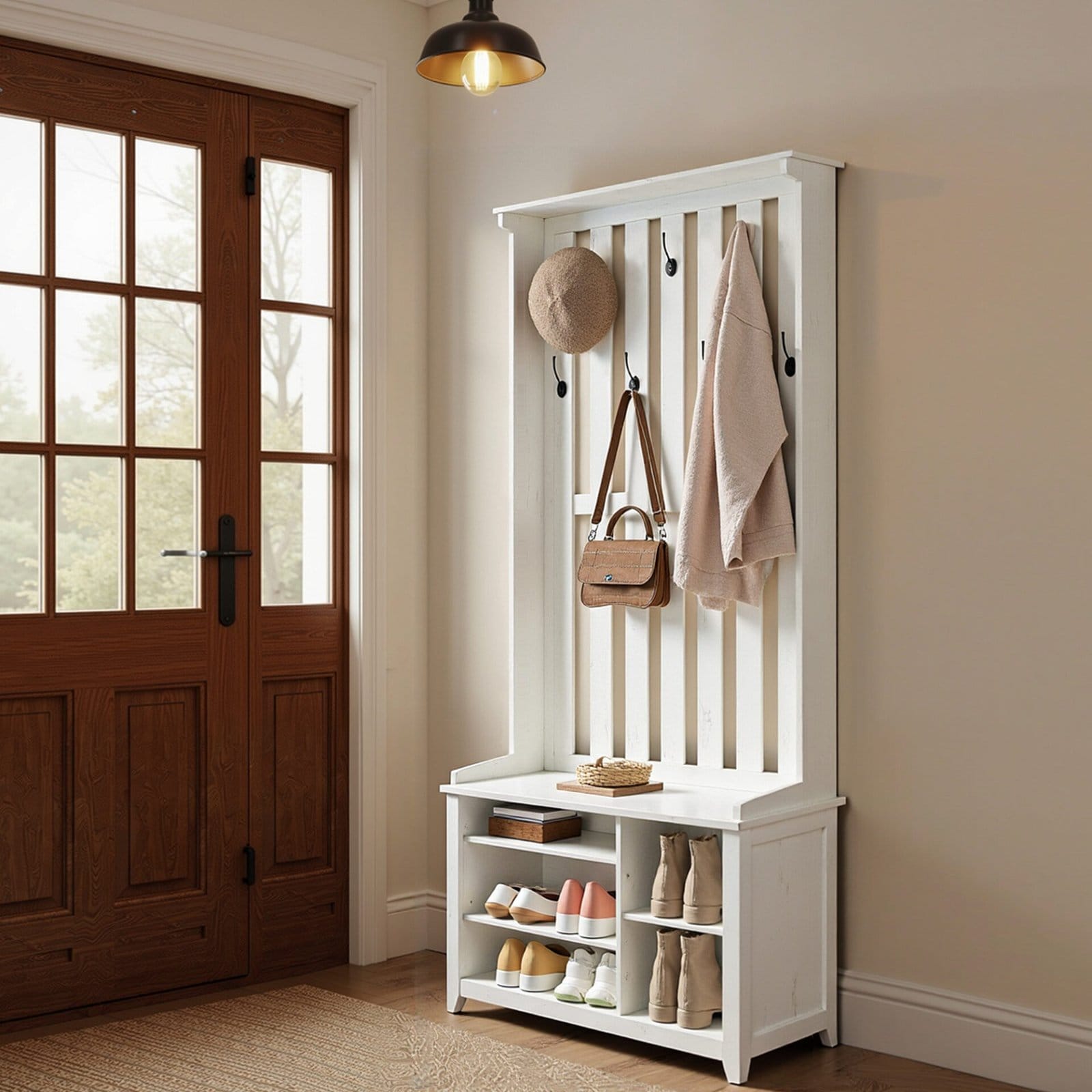 VASAGLE Hall Tree with Bench and Shoe Storage, Coat Rack with Shoe Bench, 7 Double Hooks for Jackets, Hats, Entryway, Bedroom, Living Room, 13.8 x 31.9 x 70.9 Inches, Rustic White HSR414WJ02 3 VASAGLE Hall Tree with Bench and Shoe Storage, Coat Rack with Shoe Bench, 7 Double Hooks for Jackets, Hats, Entryway, Bedroom, Living Room, 13.8 x 31.9 x 70.9 Inches, Rustic White HSR414WJ02 - Billede 3