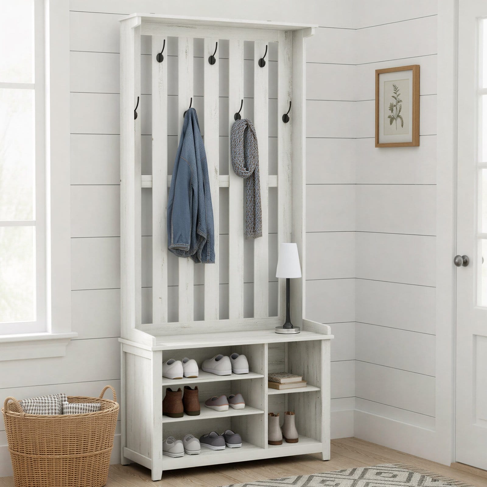 VASAGLE Hall Tree with Bench and Shoe Storage, Coat Rack with Shoe Bench, 7 Double Hooks for Jackets, Hats, Entryway, Bedroom, Living Room, 13.8 x 31.9 x 70.9 Inches, Rustic White HSR414WJ02 4 VASAGLE Hall Tree with Bench and Shoe Storage, Coat Rack with Shoe Bench, 7 Double Hooks for Jackets, Hats, Entryway, Bedroom, Living Room, 13.8 x 31.9 x 70.9 Inches, Rustic White HSR414WJ02 - Billede 4