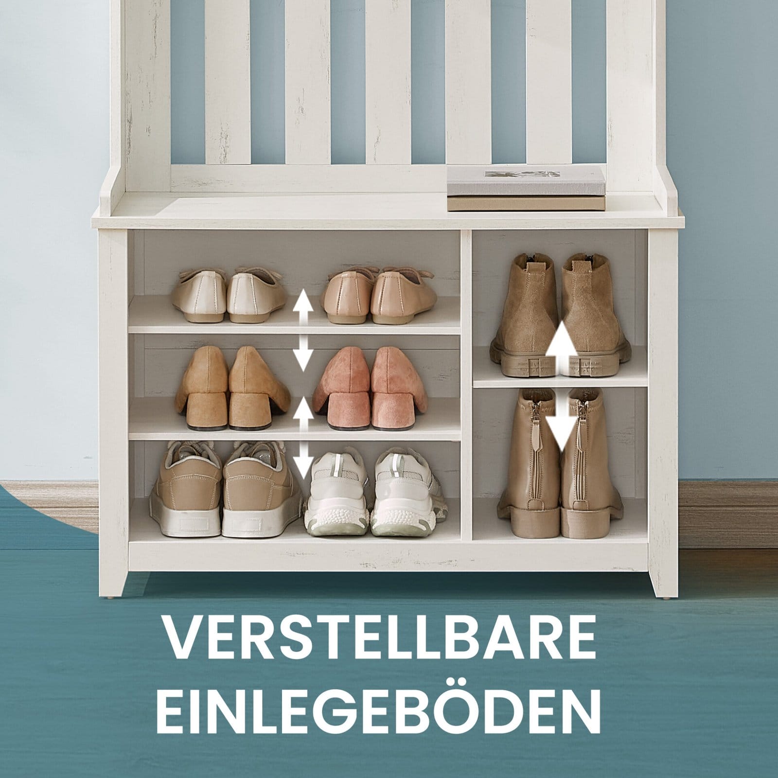 VASAGLE Hall Tree with Bench and Shoe Storage, Coat Rack with Shoe Bench, 7 Double Hooks for Jackets, Hats, Entryway, Bedroom, Living Room, 13.8 x 31.9 x 70.9 Inches, Rustic White HSR414WJ02 5 VASAGLE Hall Tree with Bench and Shoe Storage, Coat Rack with Shoe Bench, 7 Double Hooks for Jackets, Hats, Entryway, Bedroom, Living Room, 13.8 x 31.9 x 70.9 Inches, Rustic White HSR414WJ02 - Billede 5