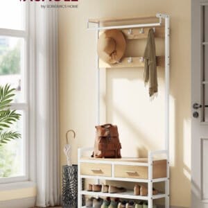VASAGLE HSR429YA01 Entrance Coat Rack with 10 Removable Hooks, 2 Drawers, Shoe Bench, Separable Design, 30 x 80.5 x 181.5 cm, Golden Oak and Matt White