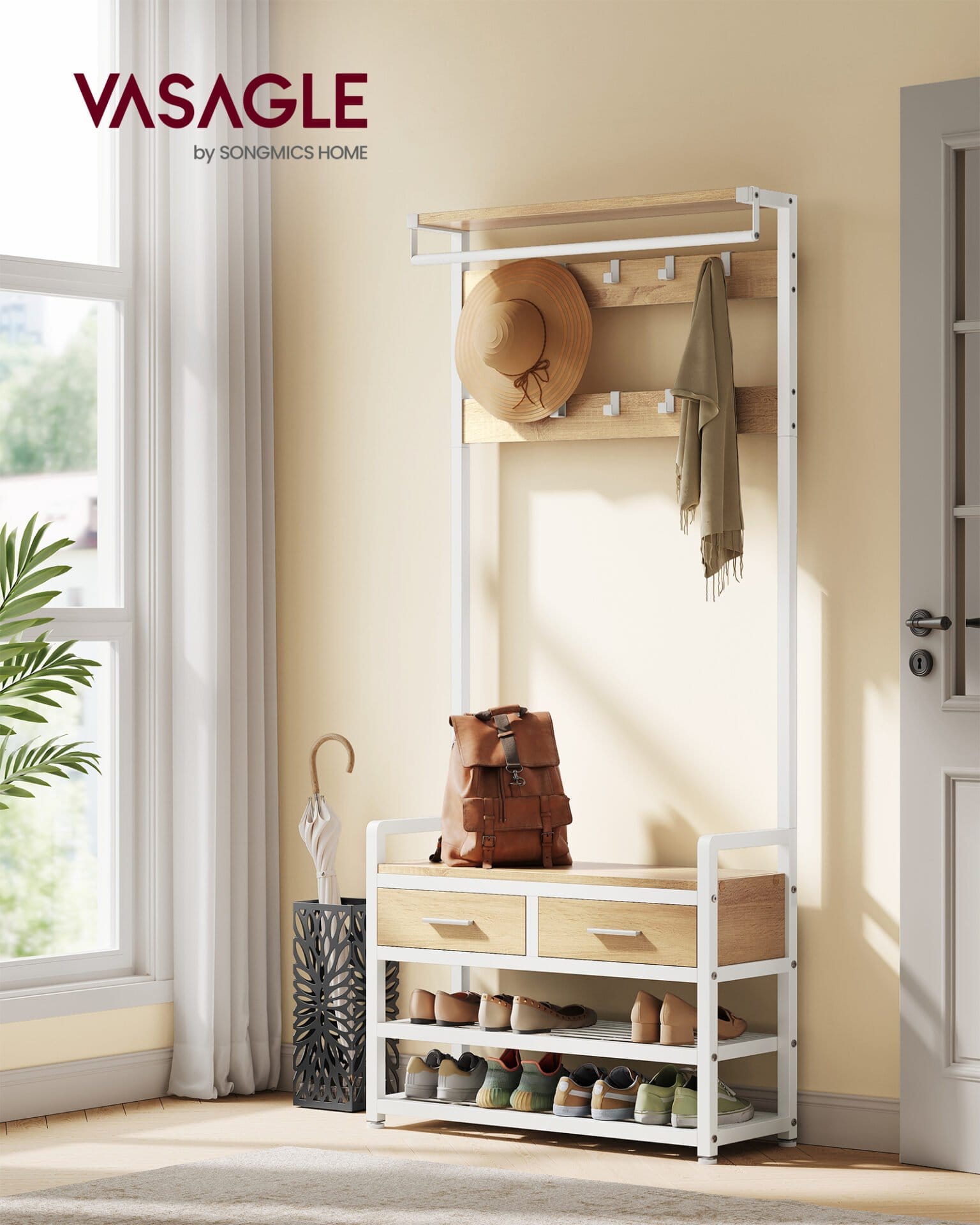 VASAGLE HSR429YA01 Entrance Coat Rack with 10 Removable Hooks, 2 Drawers, Shoe Bench, Separable Design, 30 x 80.5 x 181.5 cm, Golden Oak and Matt White 1 VASAGLE HSR429YA01 Entrance Coat Rack with 10 Removable Hooks, 2 Drawers, Shoe Bench, Separable Design, 30 x 80.5 x 181.5 cm, Golden Oak and Matt White
