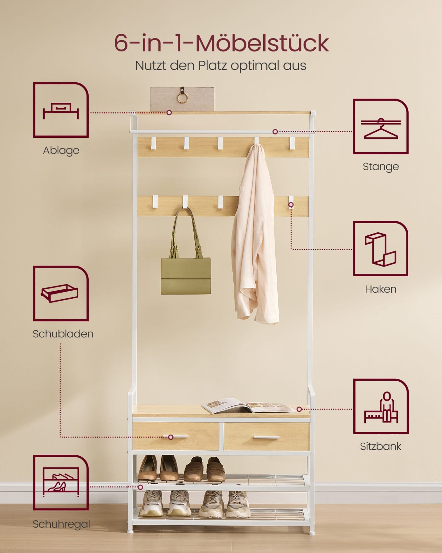 VASAGLE HSR429YA01 Entrance Coat Rack with 10 Removable Hooks, 2 Drawers, Shoe Bench, Separable Design, 30 x 80.5 x 181.5 cm, Golden Oak and Matt White 2 VASAGLE HSR429YA01 Entrance Coat Rack with 10 Removable Hooks, 2 Drawers, Shoe Bench, Separable Design, 30 x 80.5 x 181.5 cm, Golden Oak and Matt White - Billede 2