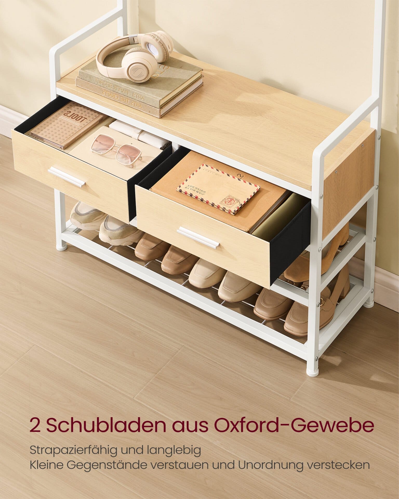 VASAGLE HSR429YA01 Entrance Coat Rack with 10 Removable Hooks, 2 Drawers, Shoe Bench, Separable Design, 30 x 80.5 x 181.5 cm, Golden Oak and Matt White 3 VASAGLE HSR429YA01 Entrance Coat Rack with 10 Removable Hooks, 2 Drawers, Shoe Bench, Separable Design, 30 x 80.5 x 181.5 cm, Golden Oak and Matt White - Billede 3