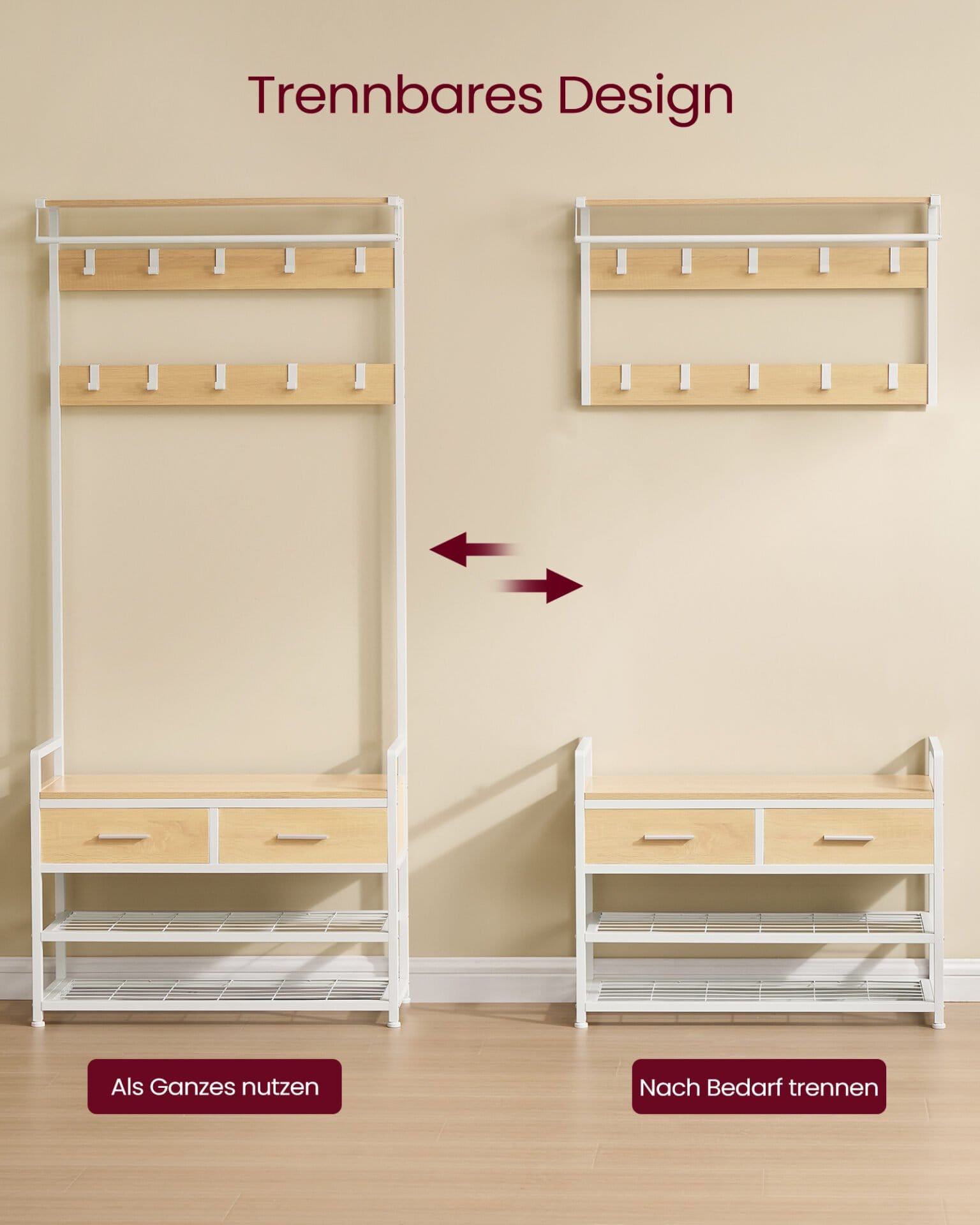 VASAGLE HSR429YA01 Entrance Coat Rack with 10 Removable Hooks, 2 Drawers, Shoe Bench, Separable Design, 30 x 80.5 x 181.5 cm, Golden Oak and Matt White 4 VASAGLE HSR429YA01 Entrance Coat Rack with 10 Removable Hooks, 2 Drawers, Shoe Bench, Separable Design, 30 x 80.5 x 181.5 cm, Golden Oak and Matt White - Billede 4