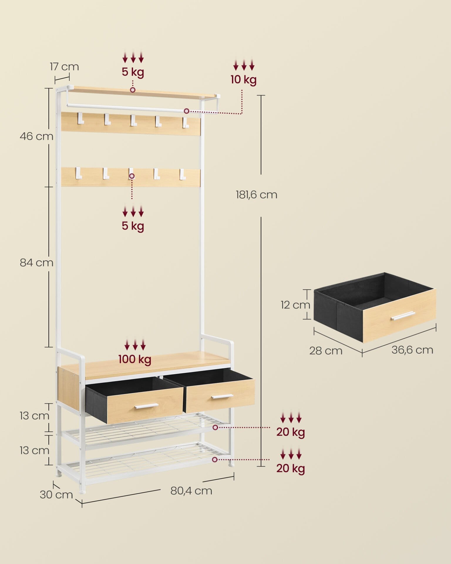 VASAGLE HSR429YA01 Entrance Coat Rack with 10 Removable Hooks, 2 Drawers, Shoe Bench, Separable Design, 30 x 80.5 x 181.5 cm, Golden Oak and Matt White 5 VASAGLE HSR429YA01 Entrance Coat Rack with 10 Removable Hooks, 2 Drawers, Shoe Bench, Separable Design, 30 x 80.5 x 181.5 cm, Golden Oak and Matt White - Billede 5