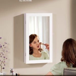 SONGMICS Lockable Jewelry Cabinet Armoire with Mirror, Wall-Mounted Space Saving Jewelry Storage Organizer, White JJC51WT